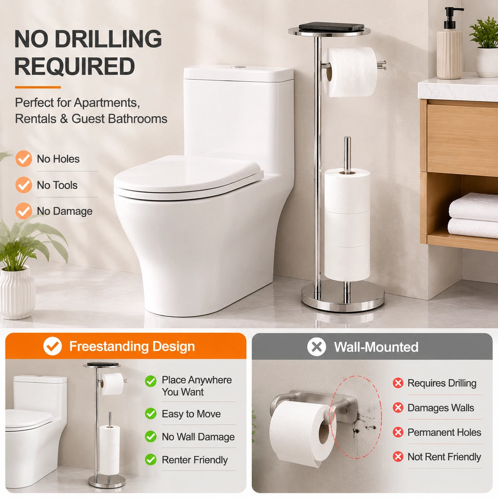 No-drill toilet paper holder for rental bathrooms