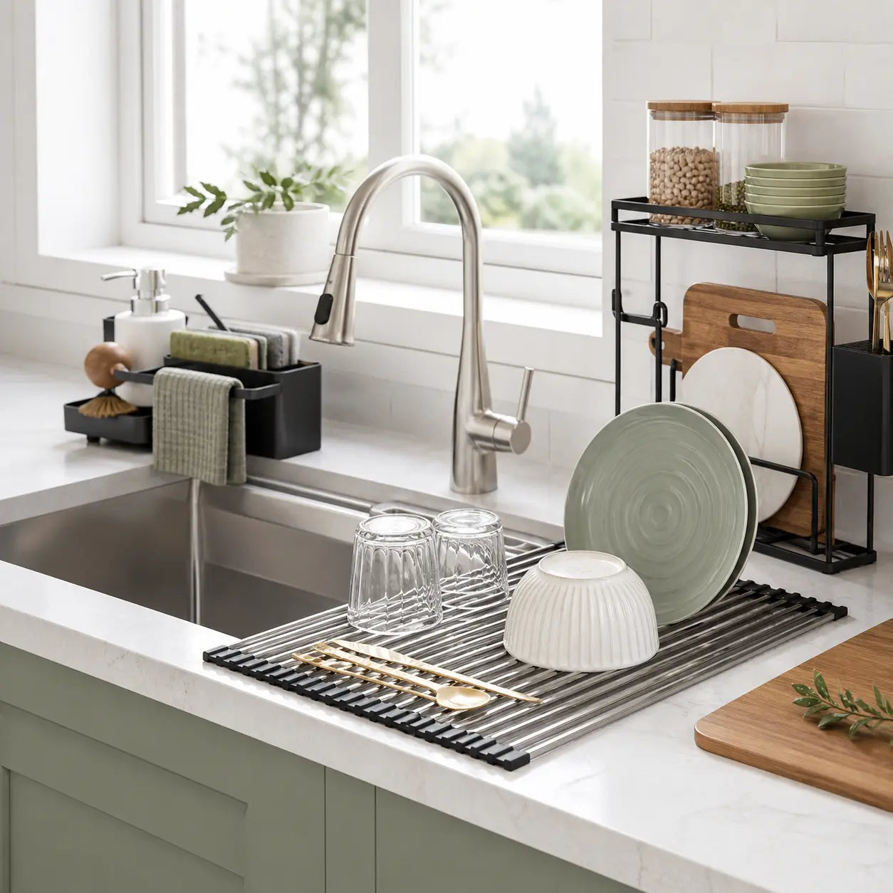 Expandable roll-up dish drying rack over a kitchen sink