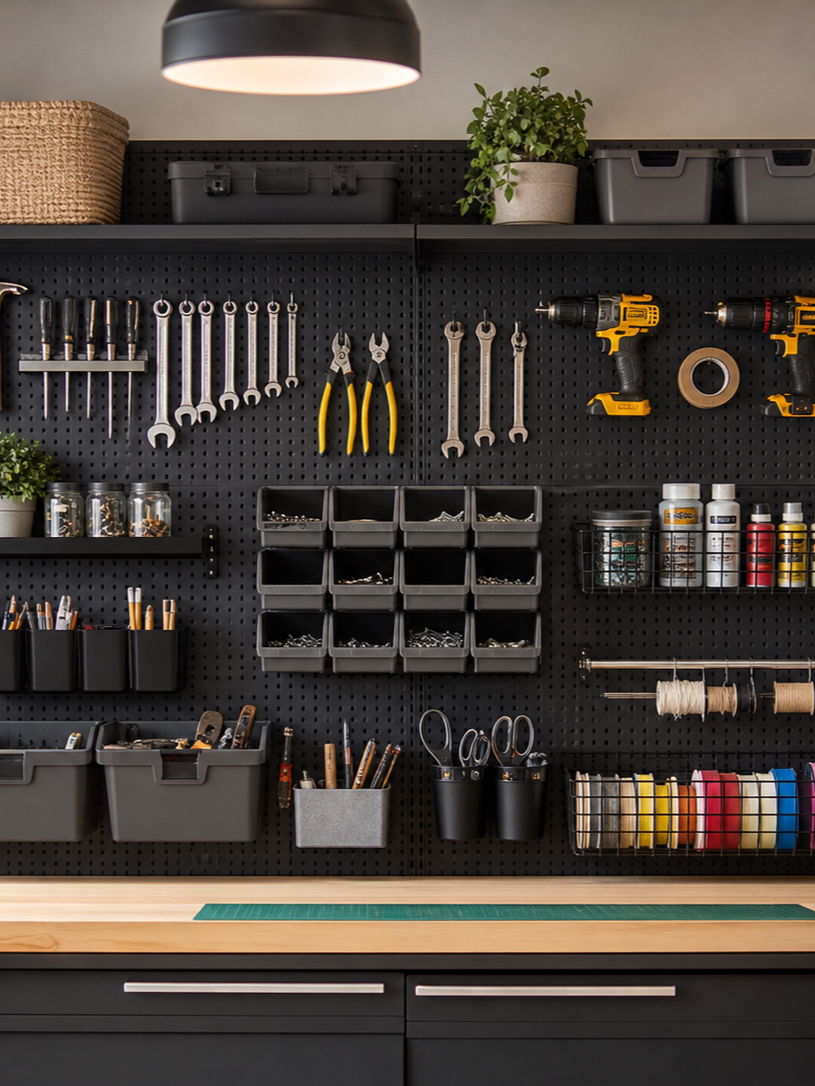 Wall-mounted pegboard system with organized tools and accessories