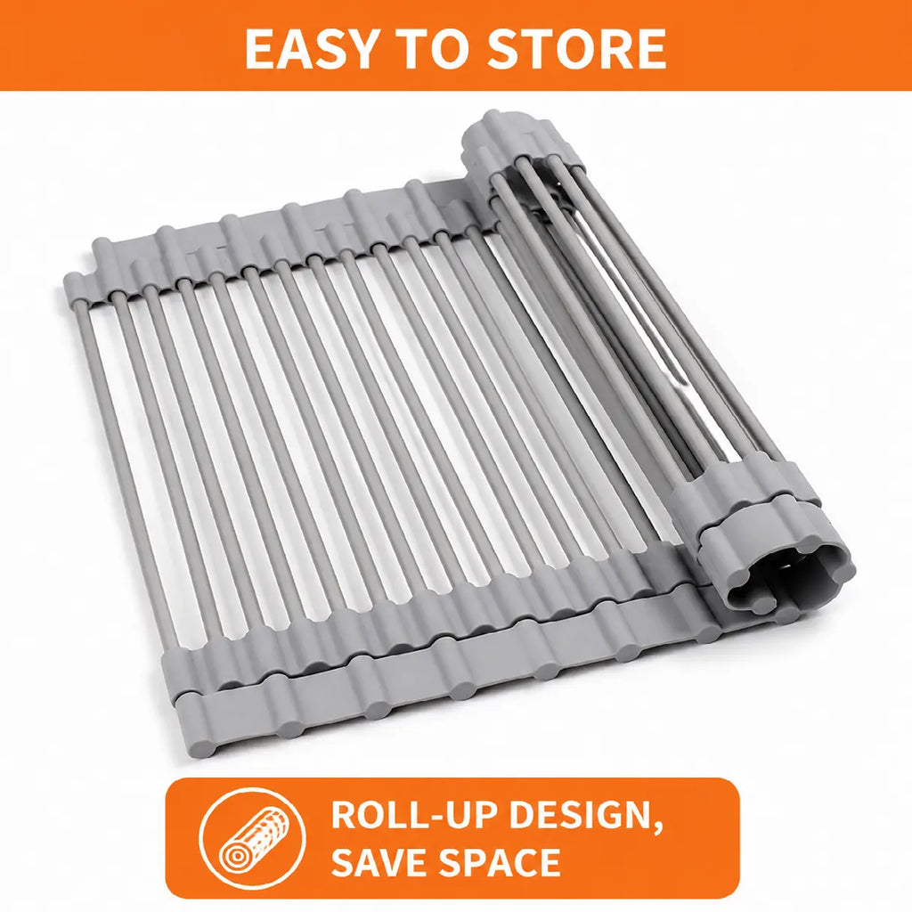 Roll-up dish rack folded for compact storage