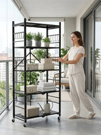 3/5-Tier Foldable Metal Storage Cart with Wheels & 6 Hooks – Black