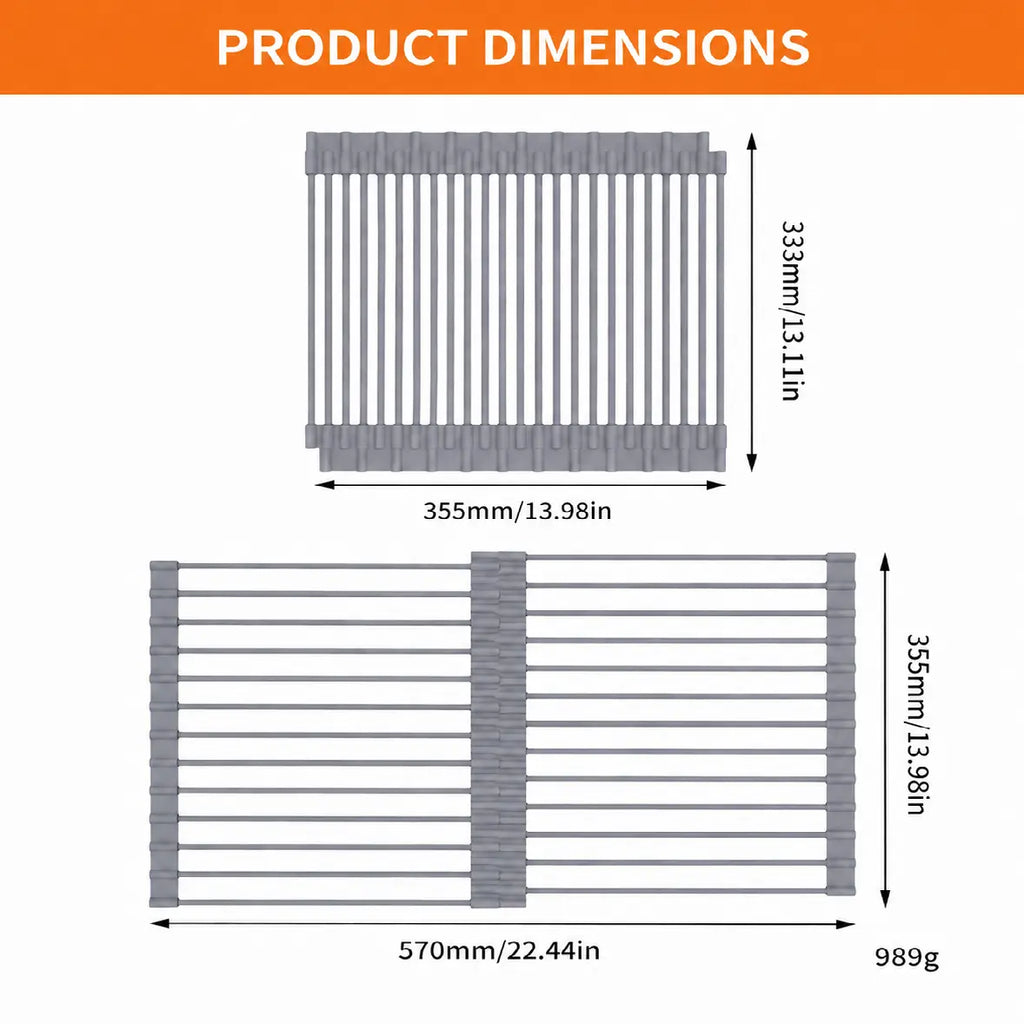 Gray roll-up dish drying rack for dishes and produce