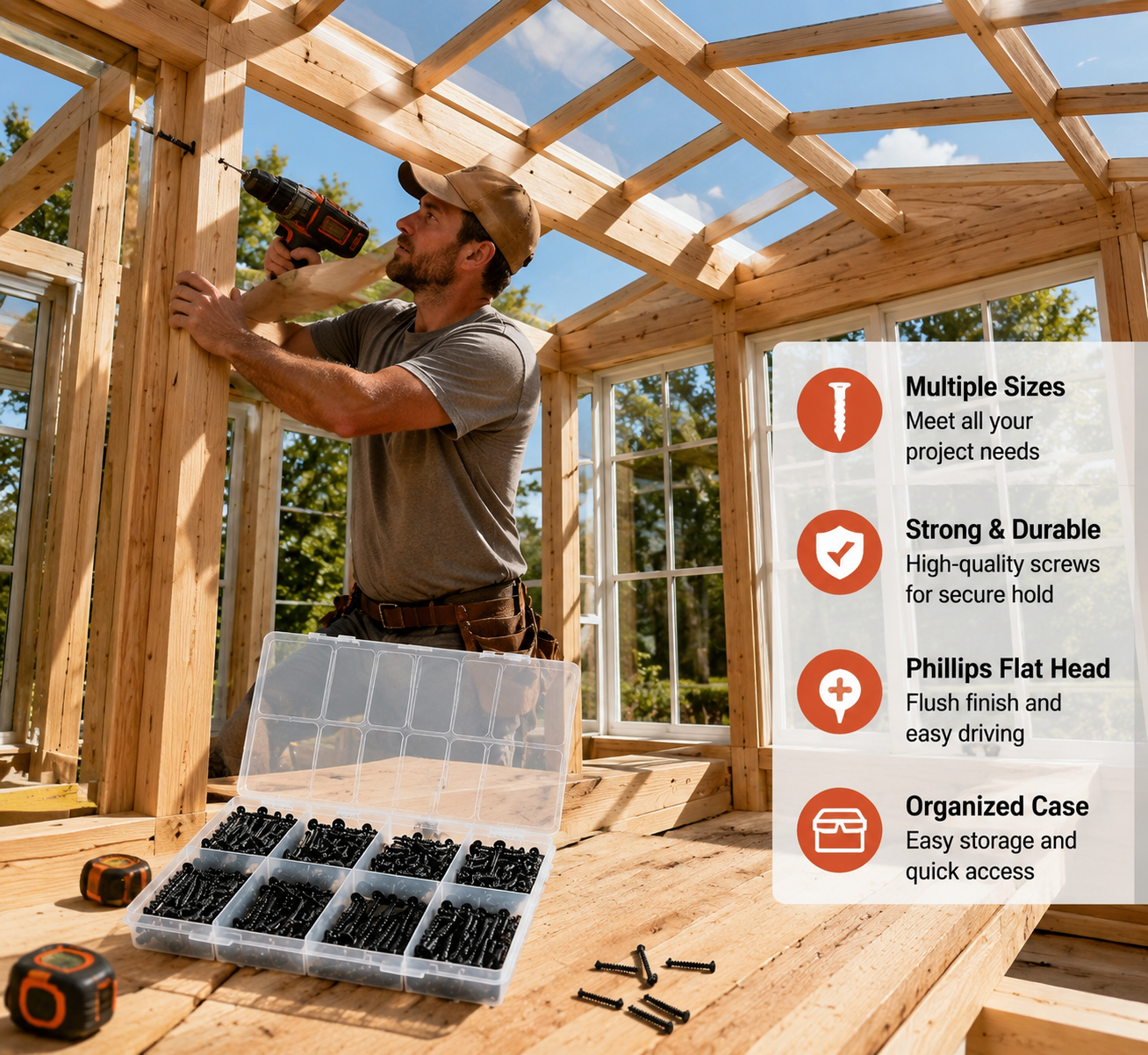 Wood screw assortment for home construction projects