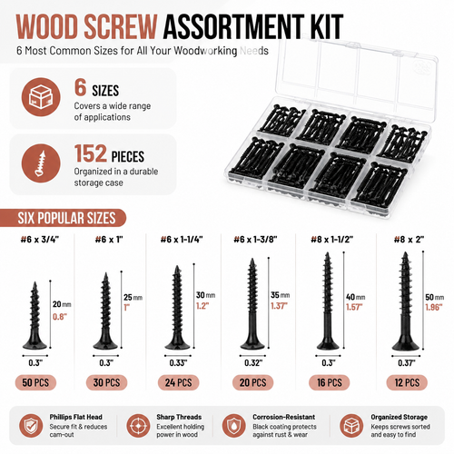 Wood screw sizes and quantities in the 152-piece assortment